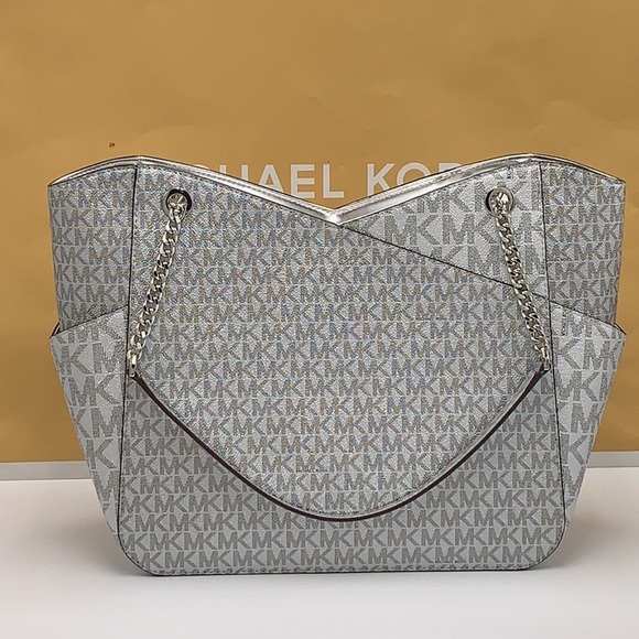 MICHAEL KORS JET SET LARGE X CHAIN SHOULDER TOTE SILVER SIGNATURE COLOR - Picture 7 of 16
